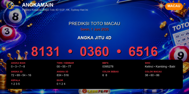 Prediksi togel Macau hari ini lengkap 2D 3D 4D 1 Juni 2026