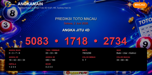 Prediksi togel Macau hari ini lengkap 2D 3D 4D 2 Juni 2026