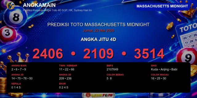 Prediksi togel Massachusetts Midnight hari ini lengkap 2D 3D 4D 22 Mei 2026