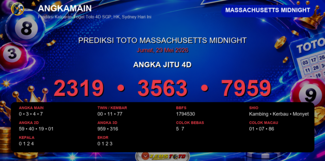 Prediksi togel Massachusetts Midnight hari ini lengkap 2D 3D 4D 29 Mei 2026