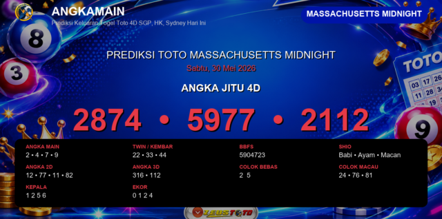 Prediksi togel Massachusetts Midnight hari ini lengkap 2D 3D 4D 30 Mei 2026