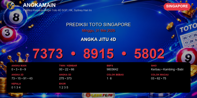 Prediksi togel Singapore hari ini lengkap 2D 3D 4D 31 Mei 2026