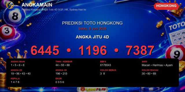 Prediksi togel Hongkong hari ini lengkap 2D 3D 4D 6 Juni 2026