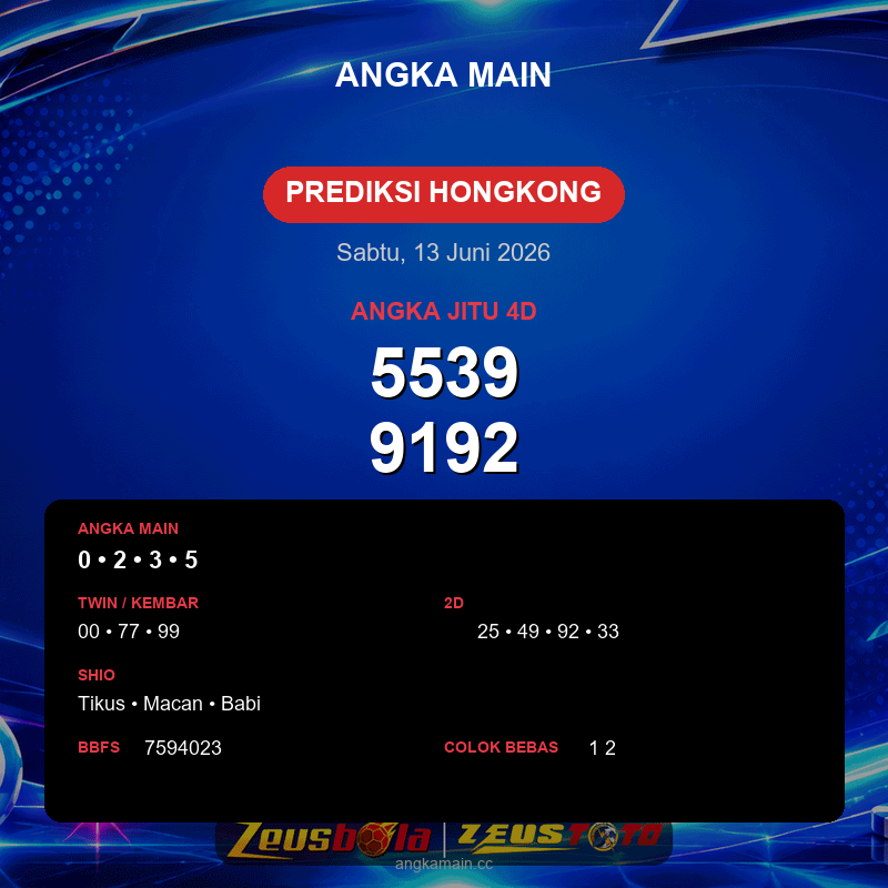 Prediksi togel Hongkong hari ini lengkap 2D 3D 4D 13 Juni 2026