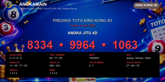 Prediksi togel King Kong 4D hari ini lengkap 2D 3D 4D 5 Juni 2026