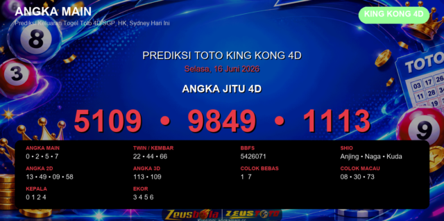 Prediksi togel King Kong 4D hari ini lengkap 2D 3D 4D 16 Juni 2026