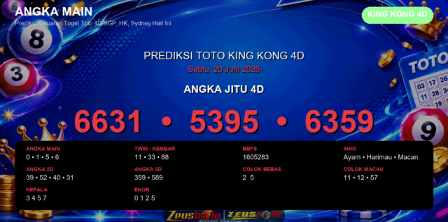 Prediksi togel King Kong 4D hari ini lengkap 2D 3D 4D 20 Juni 2026