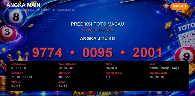 Prediksi togel Macau hari ini lengkap 2D 3D 4D 15 Juni 2026