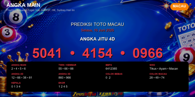 Prediksi togel Macau hari ini lengkap 2D 3D 4D 16 Juni 2026