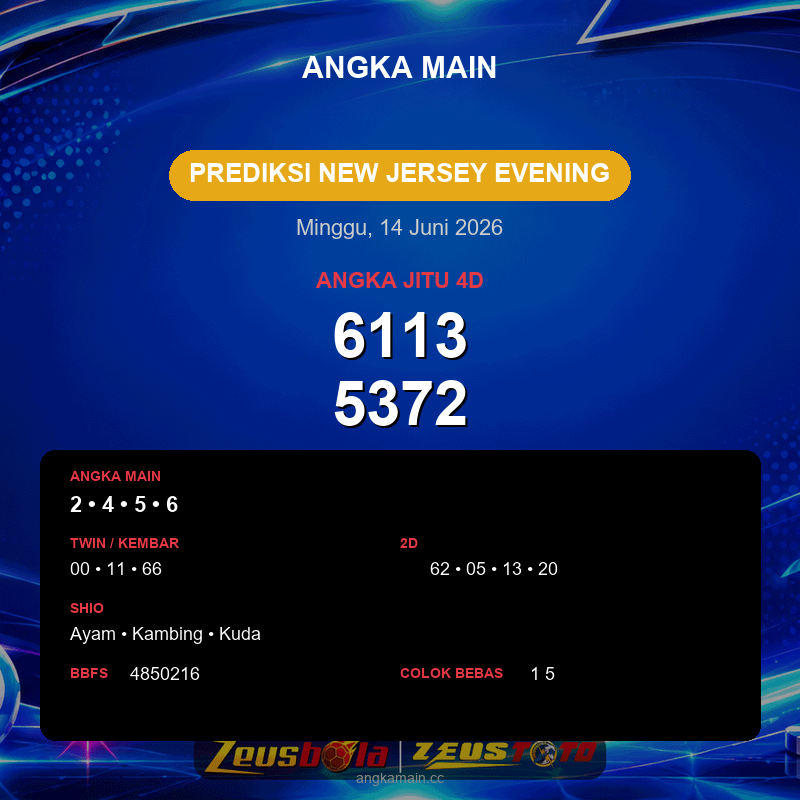 Prediksi togel New Jersey Evening hari ini lengkap 2D 3D 4D 14 Juni 2026