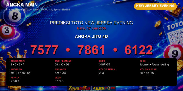 Prediksi togel New Jersey Evening hari ini lengkap 2D 3D 4D 17 Juni 2026