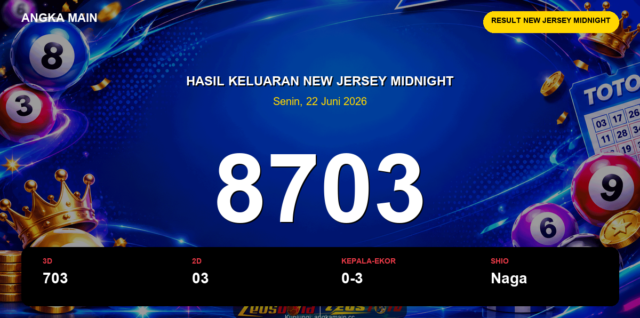 Result New Jersey Midnight hari ini 22 Juni 2026 angka 8703
