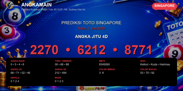 Prediksi togel Singapore hari ini lengkap 2D 3D 4D 3 Juni 2026