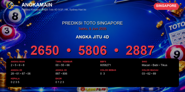 Prediksi togel Singapore hari ini lengkap 2D 3D 4D 6 Juni 2026