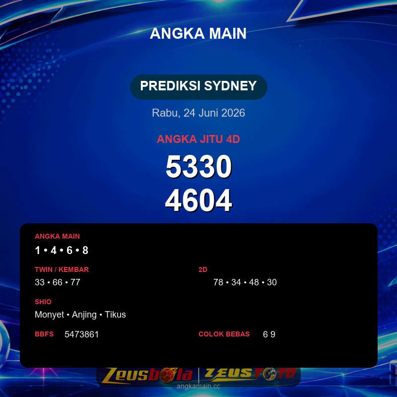 Prediksi togel Sydney hari ini lengkap 2D 3D 4D 24 Juni 2026