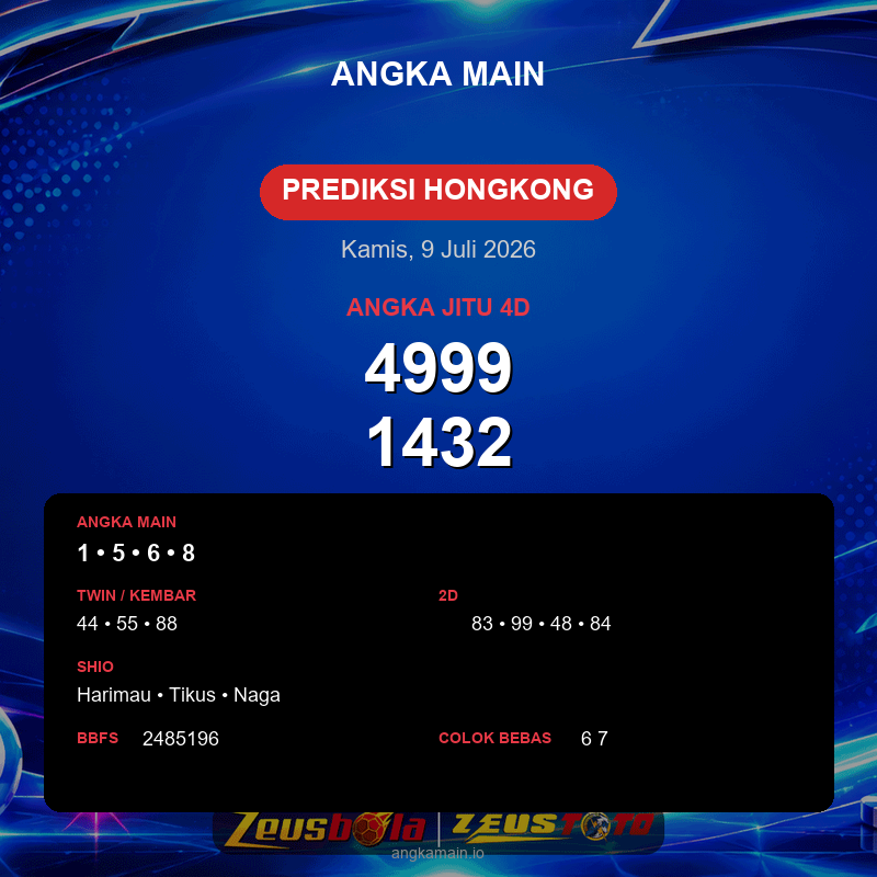 Prediksi togel Hongkong hari ini lengkap 2D 3D 4D 9 Juli 2026