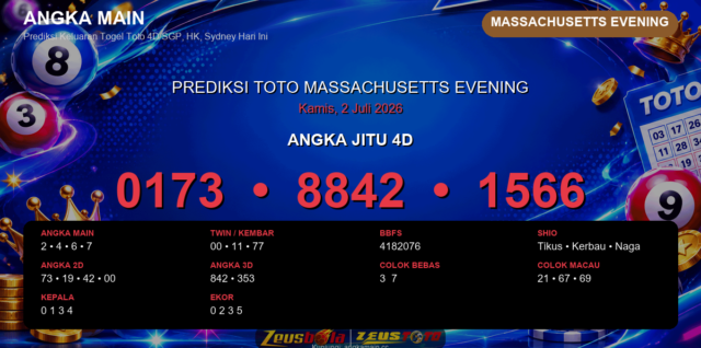 Prediksi togel Massachusetts Evening hari ini lengkap 2D 3D 4D 2 Juli 2026