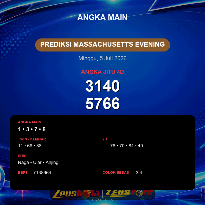 Prediksi togel Massachusetts Evening hari ini lengkap 2D 3D 4D 5 Juli 2026