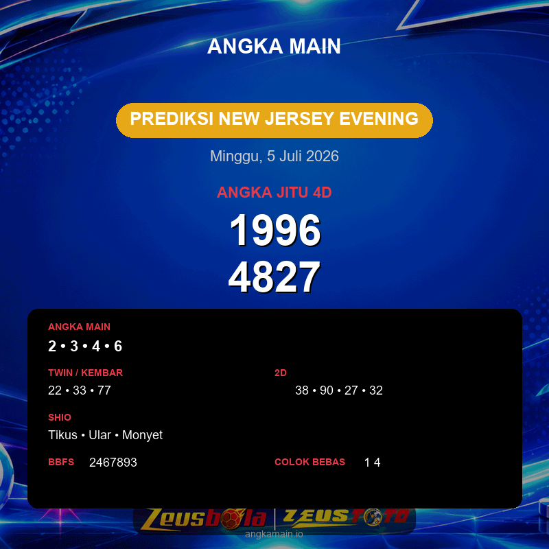 Prediksi togel New Jersey Evening hari ini lengkap 2D 3D 4D 5 Juli 2026