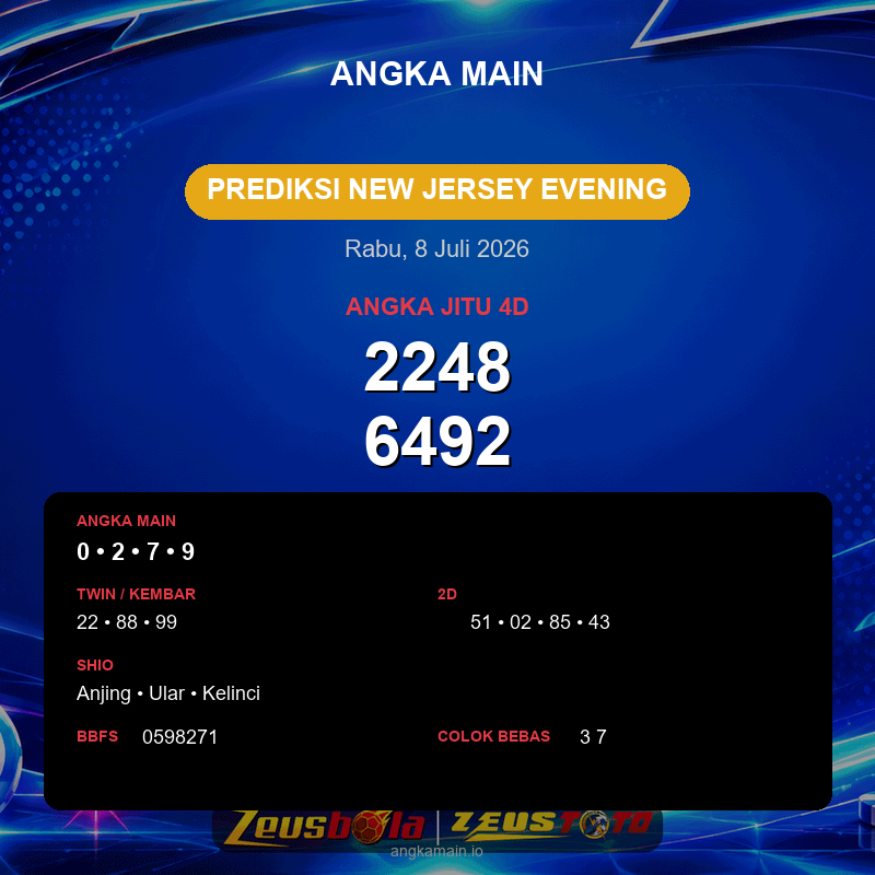 Prediksi togel New Jersey Evening hari ini lengkap 2D 3D 4D 8 Juli 2026