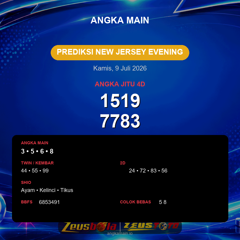Prediksi togel New Jersey Evening hari ini lengkap 2D 3D 4D 9 Juli 2026