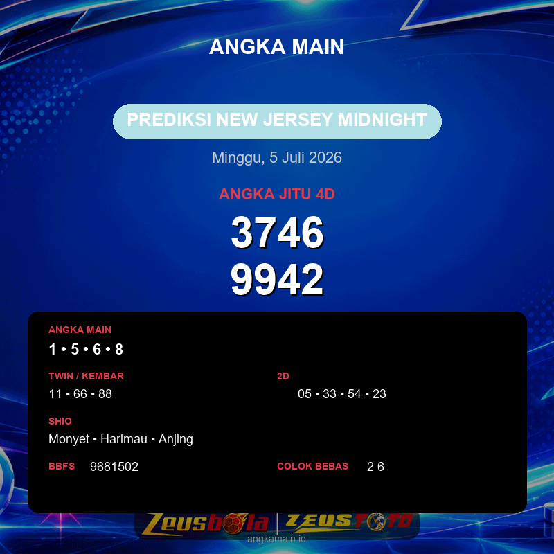 Prediksi togel New Jersey Midnight hari ini lengkap 2D 3D 4D 5 Juli 2026