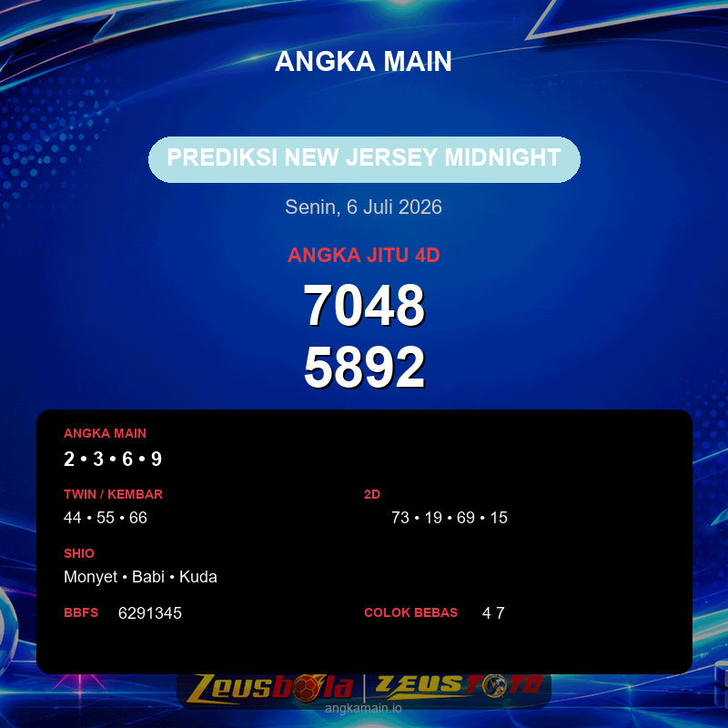 Prediksi togel New Jersey Midnight hari ini lengkap 2D 3D 4D 6 Juli 2026