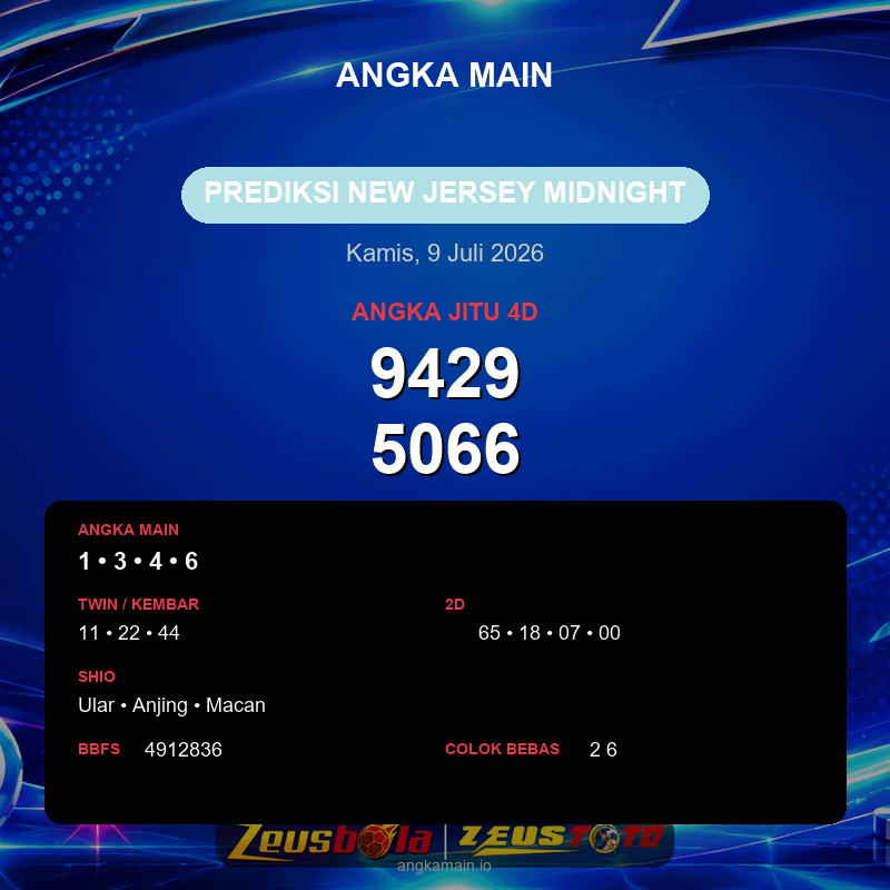 Prediksi togel New Jersey Midnight hari ini lengkap 2D 3D 4D 9 Juli 2026