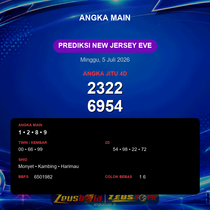 Prediksi togel New Jersey EVE hari ini lengkap 2D 3D 4D 5 Juli 2026